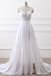 Elegant Jewel Chiffon Lace White Wedding Dress A-Line Sleeveless Appliques Bridal Gowns with Slit On Sale-27dress